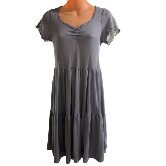 See You Monday Blue Multi Tiered Ruffle Short Sleeve V Neck Dress - Picture 1 of 4